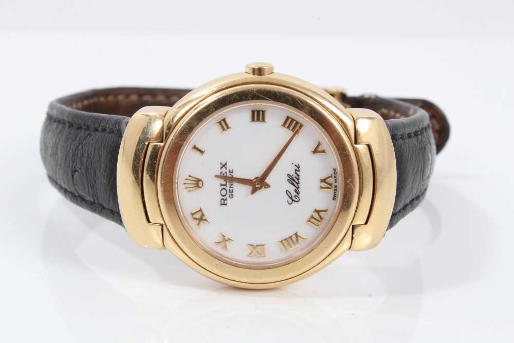 Ladies Rolex Cellini 18ct gold wristwatch with circular white enamel dial with applied gold Roman nu