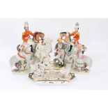 Collection of Victorian Staffordshire figures, including a pair of soldiers on horseback, a pair of
