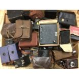 Large quantity of box cameras and other simple cameras by Kodak, Ensign, Erneman and others