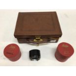 Leica accessories and other items including English made leather outfit case, two red card lens boxe