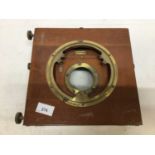 Large brass and mahogany field camera with lens and darkslides by Ensign