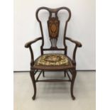Edwardian marquetry inlaid elbow chair, together with a Regency mahogany dining chair and pair of Vi