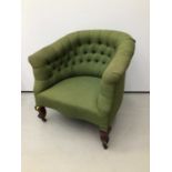 Early 20th century button upholstered tub chair, green upholstery on cabriole legs
