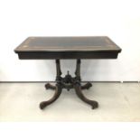 Victorian ebonised and amboyna inlaid card table, with inlaid fold over rounded rectangular top, wel