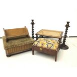 Victorian square upholstered stool, together with two further stools, pair of oak twist candlesticks