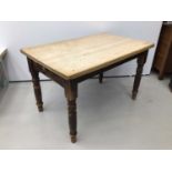 Late Victorian pine kitchen table with single drawer, on turned legs