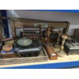 Collection of antique treen to include an inkstand, cribbage board and test tube stand (qty)