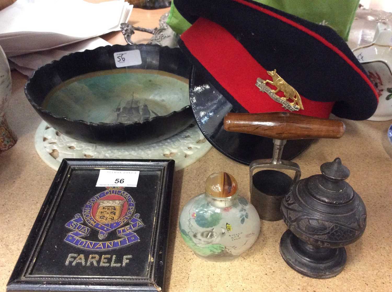 Queen's Own Yeomanry Cap, Snuff bottle, Papier Mache bowl, Chinese hardstone disc and other items.