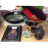 Queen's Own Yeomanry Cap, Snuff bottle, Papier Mache bowl, Chinese hardstone disc and other items.