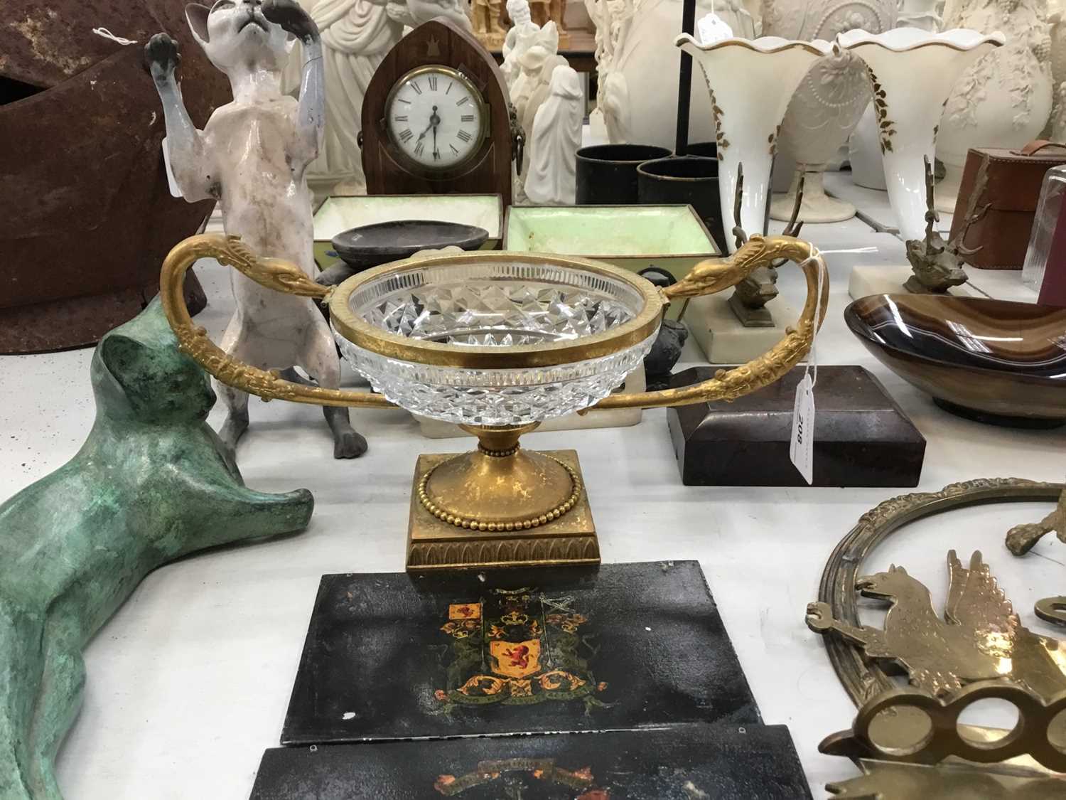 French Empire-style cut glass and ormolu mounted dish, ormolu mounts, agate dish, pair glass cornuco