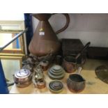 Antique Copper 2 Gallon measure, together with miniature copper spirit kettles, copper brandy warmer