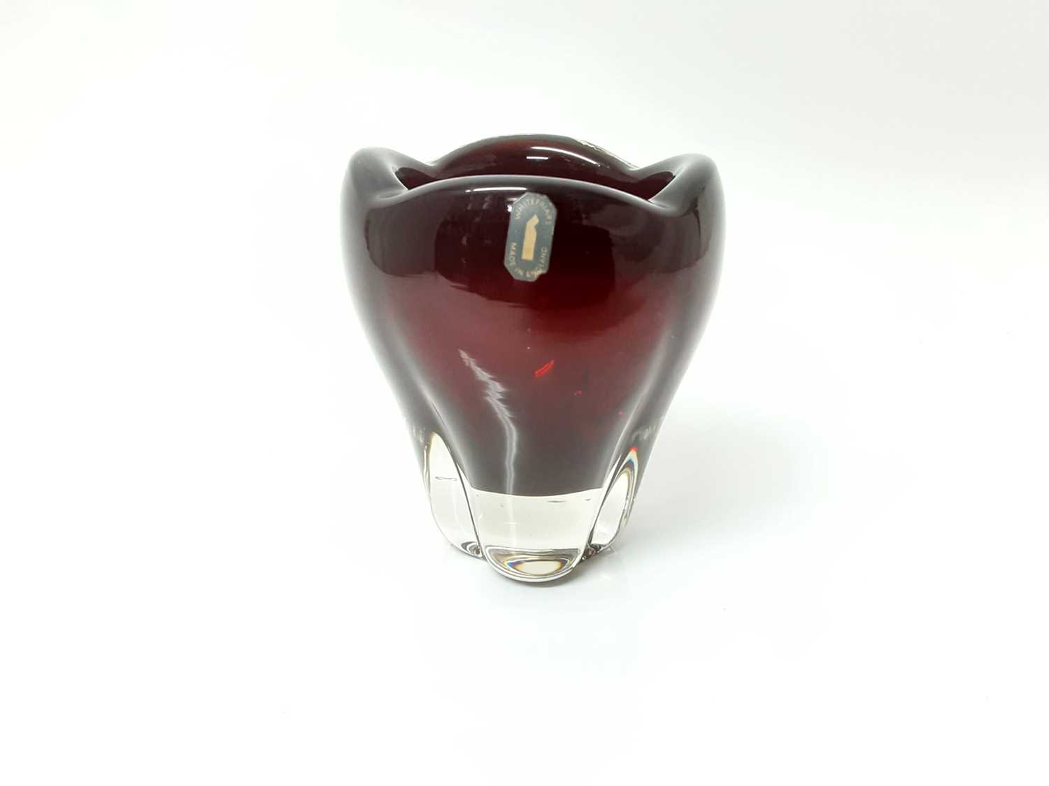 Whitefriars Ruby red molar vase with original label, and a selection of various coloured glass