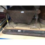 Group of sundry items to include a cobblers last, iron fire dogs, metal coal bin and other items.