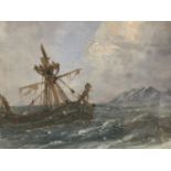 Pair of late 19th century oils on board - shipping and a shipwreck off the coast, 23cm x 45cm, in gl