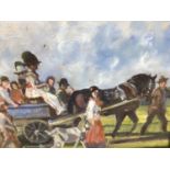 After Sir A.J. Munnings, oil on board, Gypsy travelers, in painted frame, 21 x 25cm