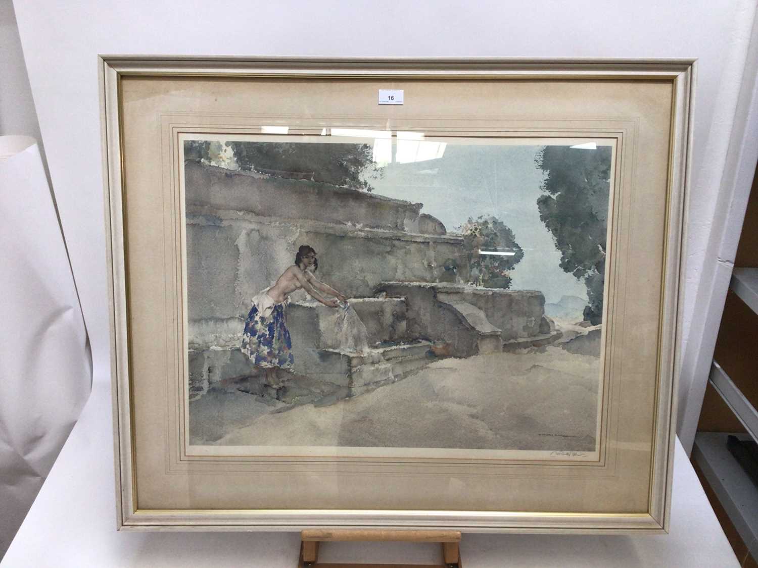 William Russell Flint (1880-1969) signed colour print - semi-clad female before a fountain, with bli - Image 2 of 6