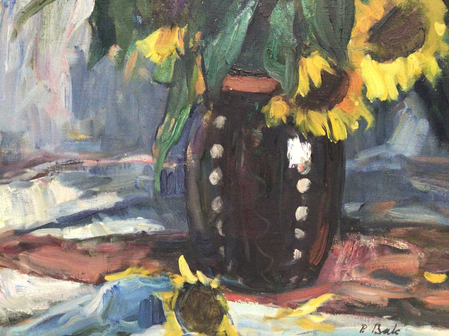 Janos P. Bak (1913-1981) - oil on canvas - still life of sunflowers and summer flowers in stoneware - Image 5 of 7