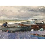 English School, 20th century, watercolour, Fishermen on the beach, Shoreham on Sea, signed Miles and