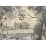 19th century French abbey grisaille watercolour by G W Smith (details of abbey on back)