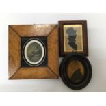 Three 19th century miniatures, one in burr maple frame
