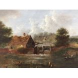 Charles Morris Snr. oil on canvas - view on a river with a Watermill, signed and dated 1869, 31cm x