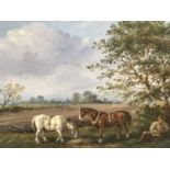 English School, early 20th century, oil on board - plough horses at rest, in gilt frame,