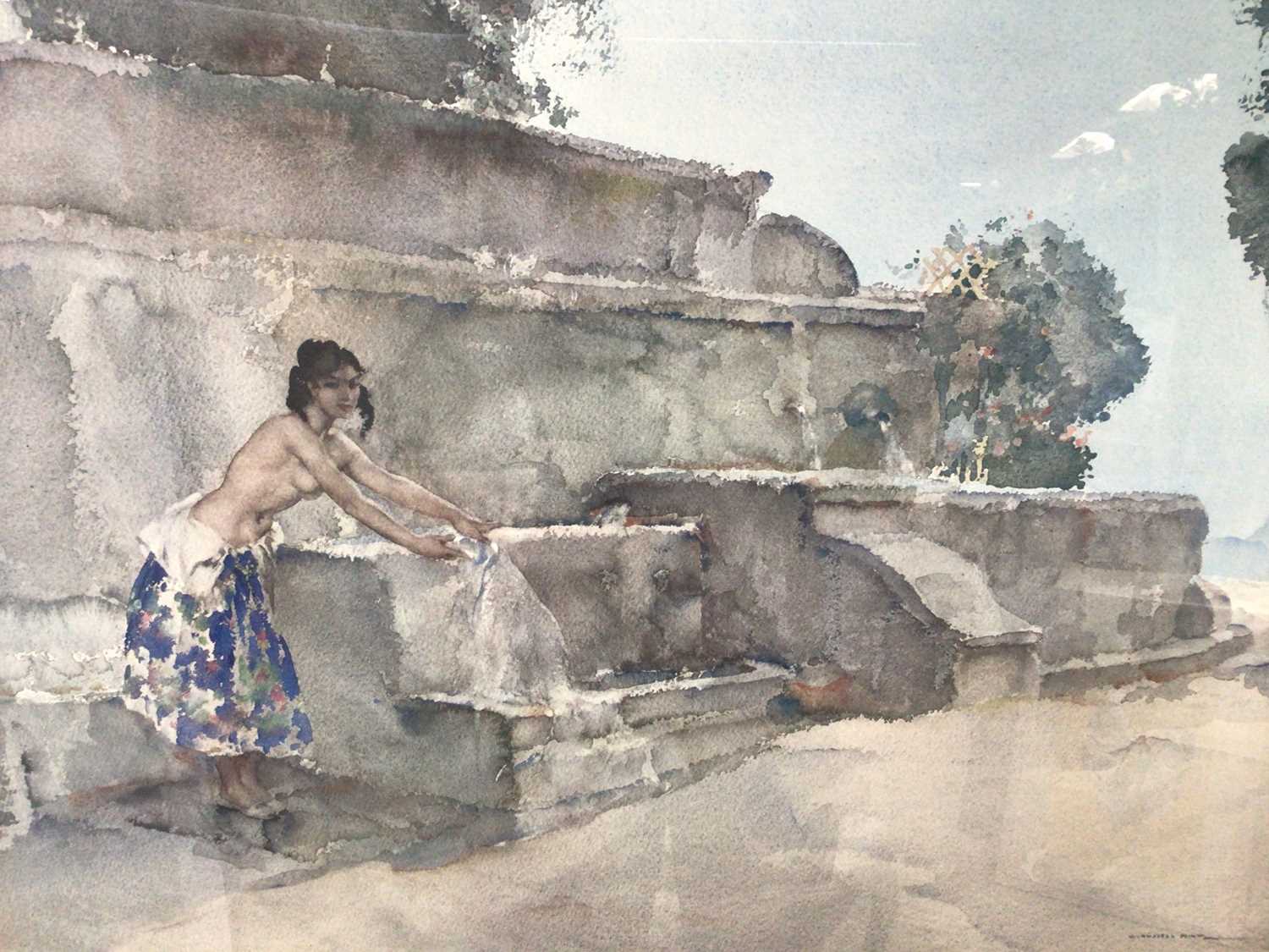 William Russell Flint (1880-1969) signed colour print - semi-clad female before a fountain, with bli