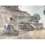 William Russell Flint (1880-1969) signed colour print - semi-clad female before a fountain, with bli