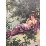 H. Edward Sawyer, oil on canvas - a semi-clad lady reclining among foliage, signed, 30cm x 20cm, in