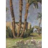 19th century pastels, Animals at Oasis, signed with monogram