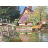 Sydney Amos Driver, 1930s East Anglian School oil on canvas - a thatched cottage beside a river, sig