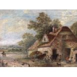 Attributed to Georgina Lara (f.l. 1862-1871), oil on canvas, a village scene with figures and a hay