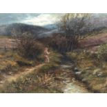 Mid 19th century English School, oil on canvas, A windswept moorland scene with an angler fishing by