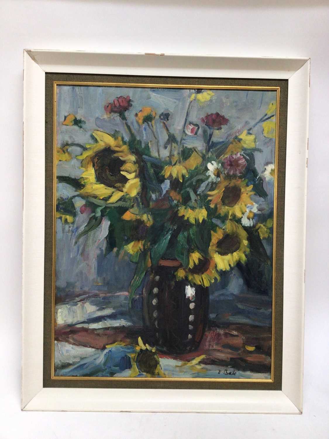 Janos P. Bak (1913-1981) - oil on canvas - still life of sunflowers and summer flowers in stoneware - Image 2 of 7