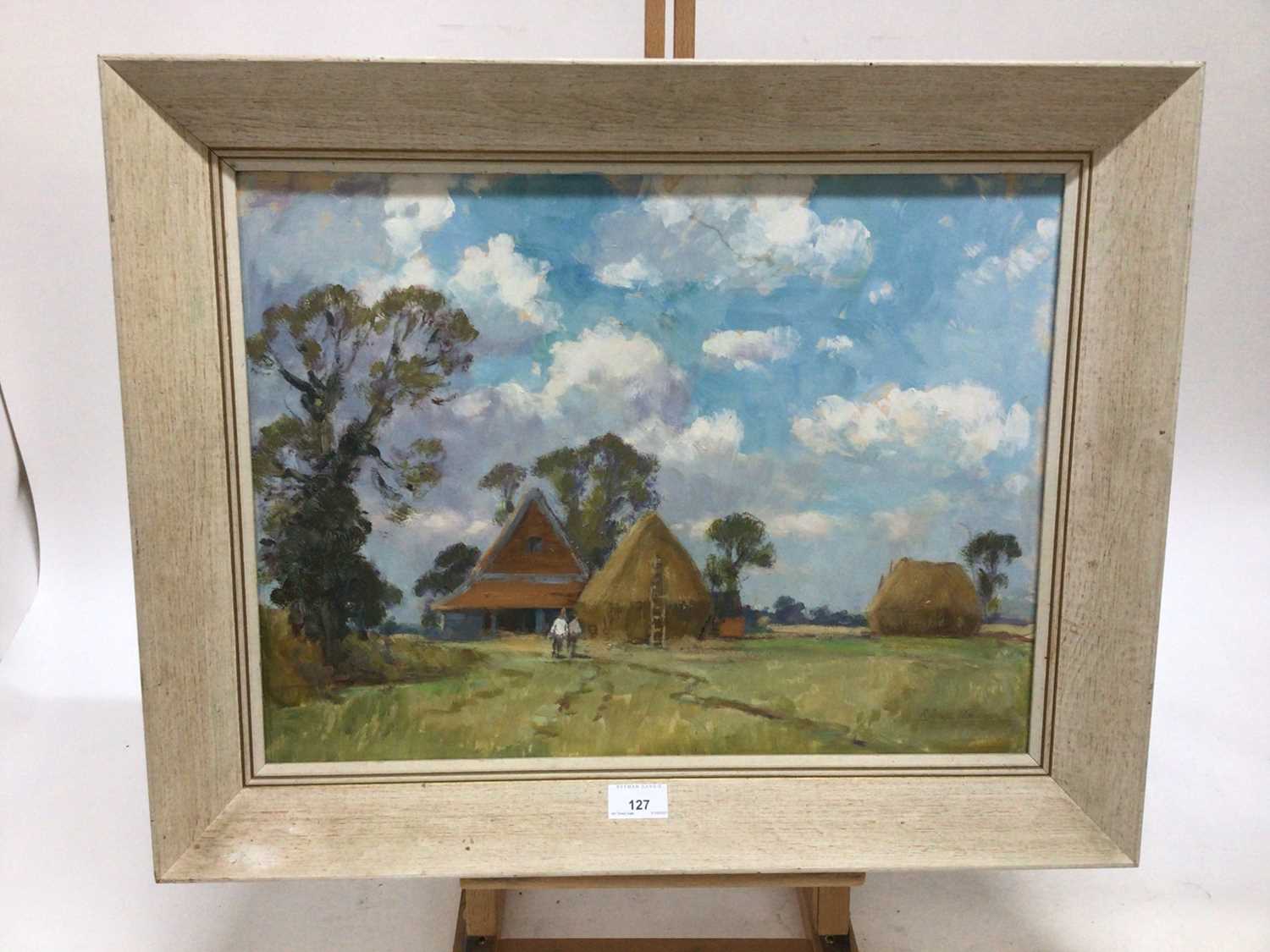 Russell Palmer, 20th century, oil on board - A Norfolk Farm, signed, 37cm x 50cm, framed - Image 2 of 7