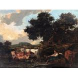 Norwich School, 19th century, oil on board - cattle and herder at rest in a landscape, 26cm x 34cm,