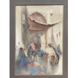 Bernard Harper Wiles (1883-1966), watercolour, figures outside bazaar, signed