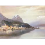 Early 20th century gouache - Italian Lake view, indistinctly signed, 36cm x 53cm, in glazed gilt fra