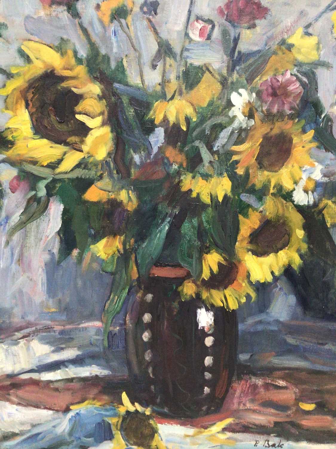 Janos P. Bak (1913-1981) - oil on canvas - still life of sunflowers and summer flowers in stoneware