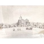 1830s pen and ink drawing - a rural church, indistinctly inscribed, dated July 13. 1836, in glazed g