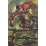 Mid 20th century English School oil on canvas - hunting figure clearing a jump, in gilt frame, 53cm