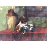 After Sir Edwin Landseer, oil on canvas - two King Charles spaniels on a table, unframed, 44cm x 56c