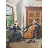 A. Schneider, pair of oils on board - Monks in interiors playing musical instruments and reading, si