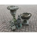 Selection of four concrete garden ornaments to include two planters, gnome and a squirrel