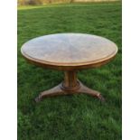 Victorian walnut dining table with circular tilt top, on hexagonal tapered column and plateau base w