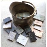 Selection of marble plinths and specimens, plus a brass coal scuttle