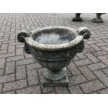 Classical style marble urn with scrolled handles on square base H45, W48, D39cm