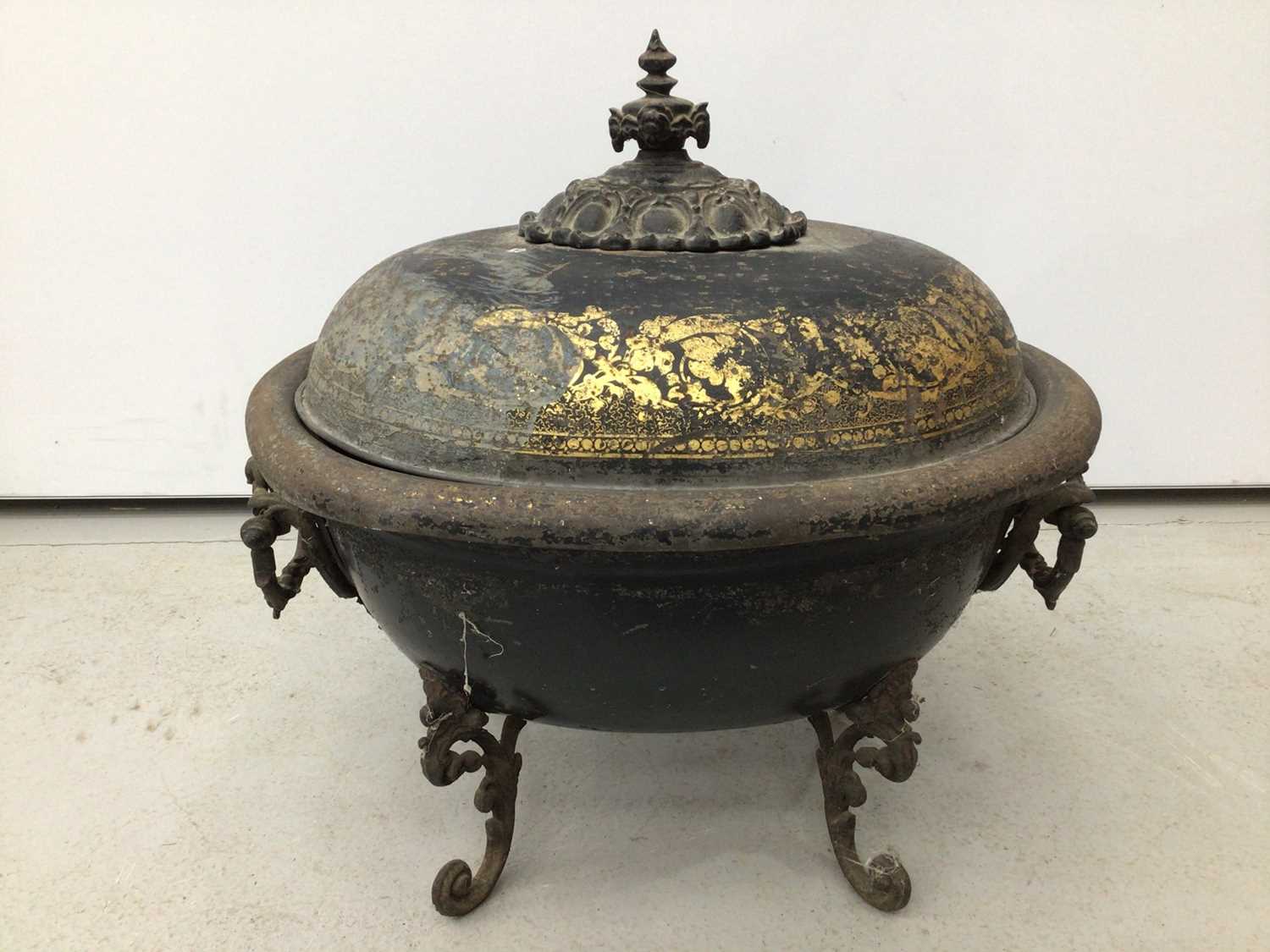 Regency tole ware oval coal box with gilt painted decoration, on cast scroll legs and swing handles, - Image 4 of 6