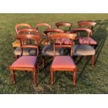 Three pairs of Victorian mahogany dining chairs and a further trio of mahogany chairs, each with uph