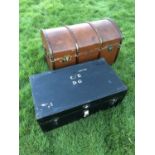 Vintage dome topped canvas and wooden bound trunk, together with another rectangular trunk, 92cm and